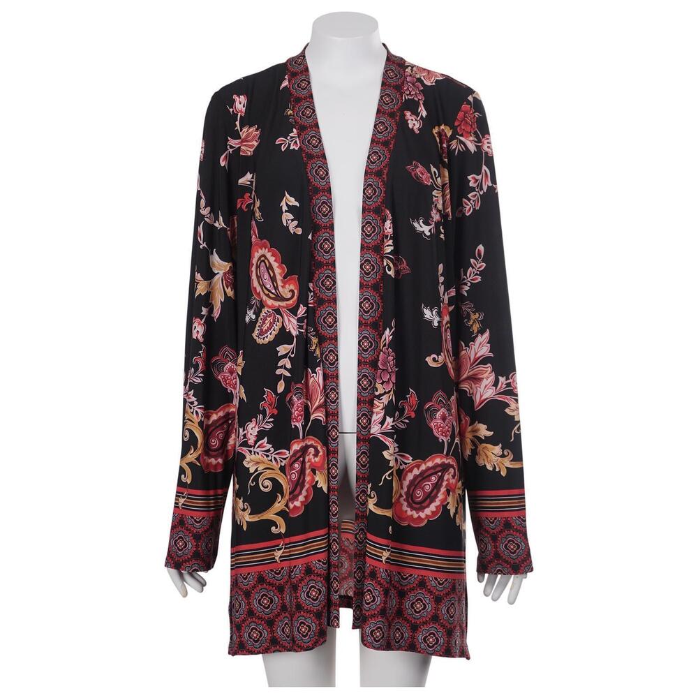 Susan Graver Cardigan L Black Red Floral Open Front Long Sleeve Stretch